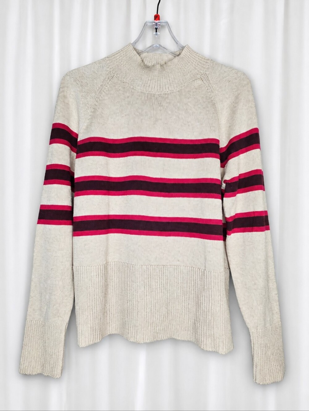 LOFT Oatmeal Cotton Mock Neck Sweater Burgundy Raspberry Striped Ribbed Pullover